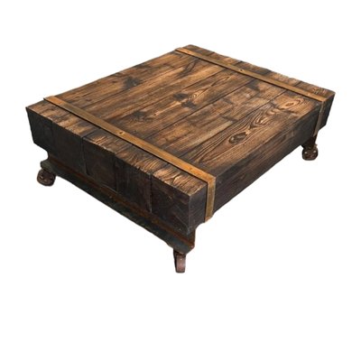 Vintage Coffee Table with Iron and Steel Beams and Wooden Blocks on Wheels-TCS-1798024