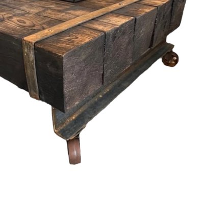 Vintage Coffee Table with Iron and Steel Beams and Wooden Blocks on Wheels-TCS-1798024