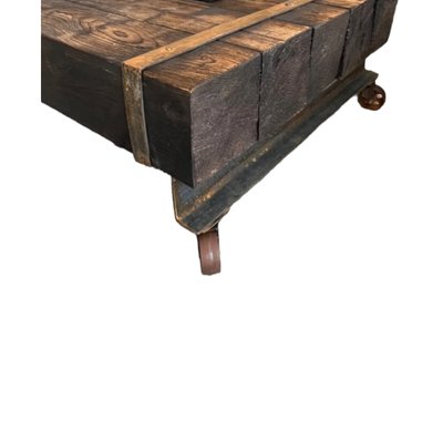 Vintage Coffee Table with Iron and Steel Beams and Wooden Blocks on Wheels-TCS-1798024