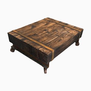 Vintage Coffee Table with Iron and Steel Beams and Wooden Blocks on Wheels-TCS-1798024