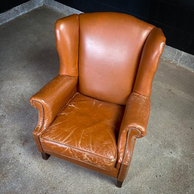 Vintage Cognac Leather Wingback Armchair-IA-1409683