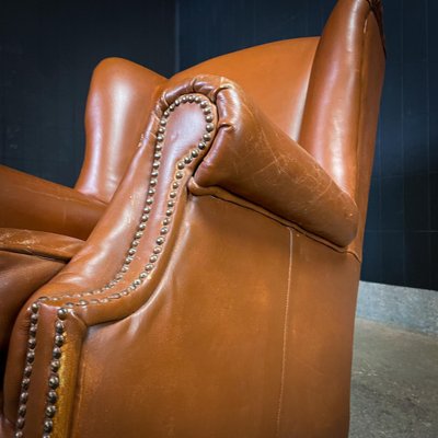 Vintage Cognac Leather Wingback Armchair-IA-1409683