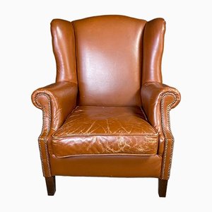 Vintage Cognac Leather Wingback Armchair-IA-1409683