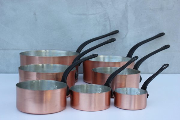 Vintage Copper Pans with Metal Handles, Set of 7-UWJ-1739160