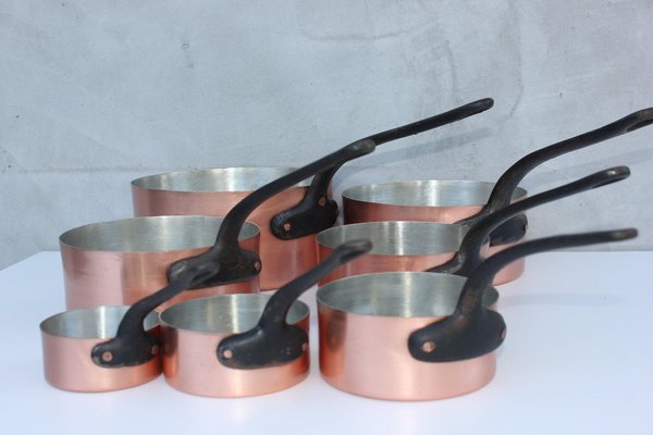 Vintage Copper Pans with Metal Handles, Set of 7-UWJ-1739160