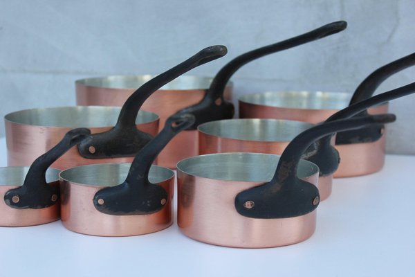 Vintage Copper Pans with Metal Handles, Set of 7-UWJ-1739160