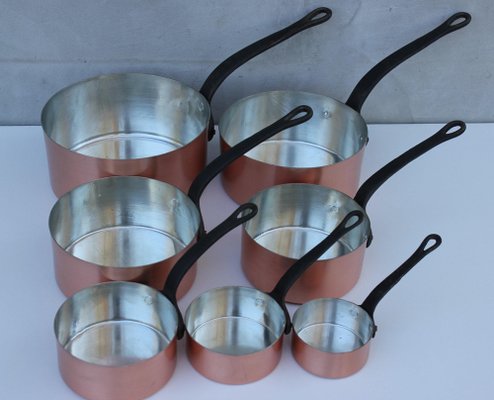 Vintage Copper Pans with Metal Handles, Set of 7-UWJ-1739160