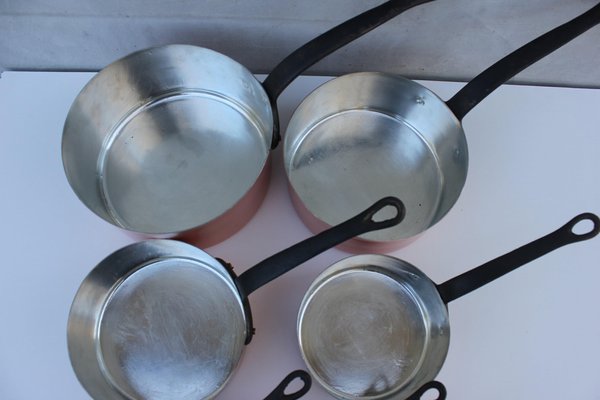 Vintage Copper Pans with Metal Handles, Set of 7-UWJ-1739160