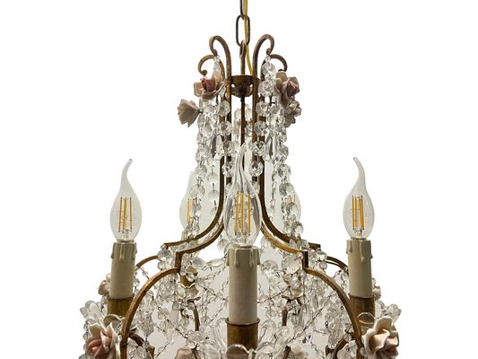 Vintage Crystal Ceramic Rose Chandelier, 1960s-JJC-1786961