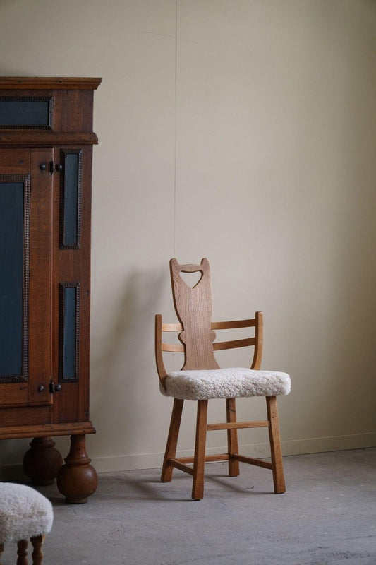 Vintage Danish Armchair in Oak and Lambswool, 1940s