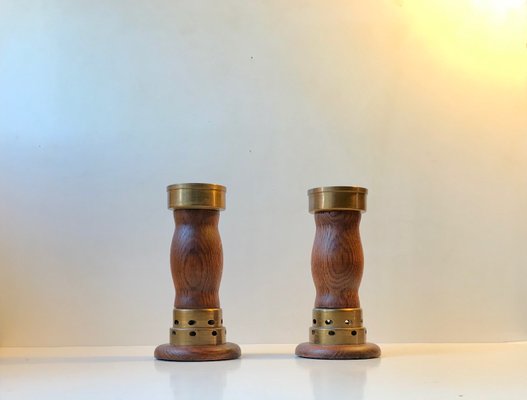 Vintage Danish Church Candleholders in Oak & Bronze, 1950s, Set of 2-LCR-782927