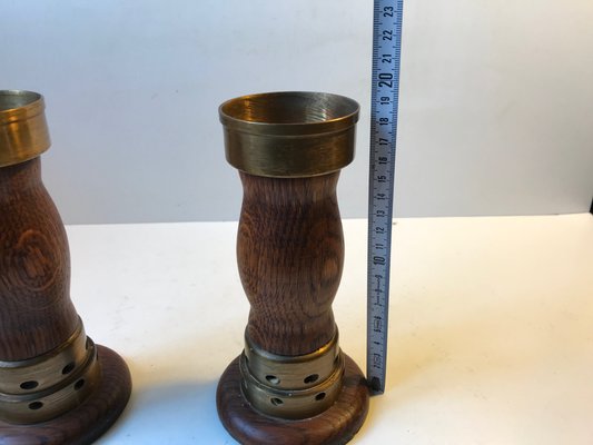 Vintage Danish Church Candleholders in Oak & Bronze, 1950s, Set of 2-LCR-782927