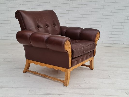 Vintage Danish Leather and Oak Armchair, 1970s-TMW-1421313