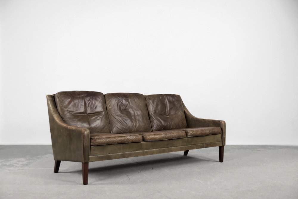 Vintage Danish Modern Brown Leather 3-Seater Sofa, 1950s