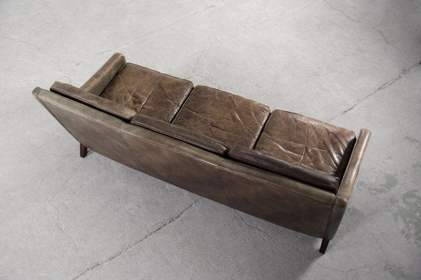 Vintage Danish Modern Brown Leather 3-Seater Sofa, 1950s-ZAA-1095812