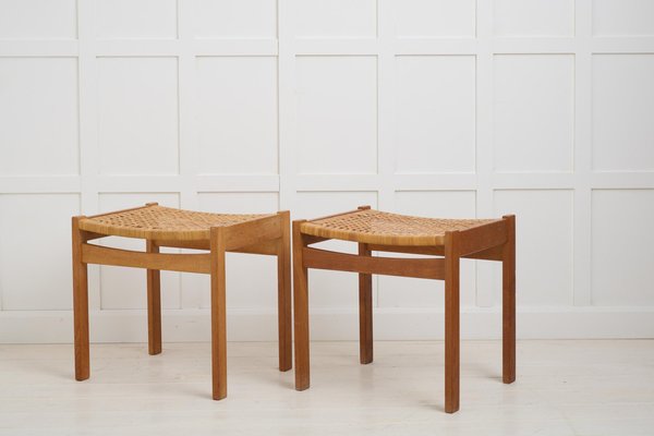 Vintage Danish Oak and Rattan Footstools, Set of 2-MJF-2039456