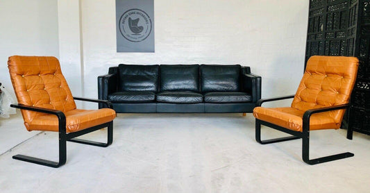 Vintage Danish Stouby Sofa in Black Leather