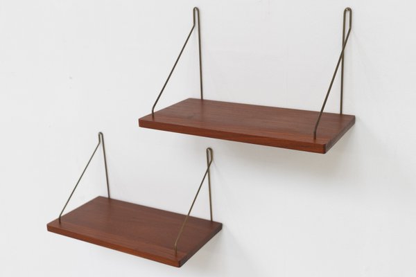 Vintage Danish Teak and Brass Floating Shelves, 1960s, Set of 2-WIX-2036866