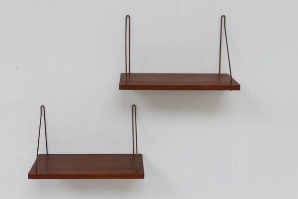 Vintage Danish Teak and Brass Floating Shelves, 1960s, Set of 2-WIX-2036866