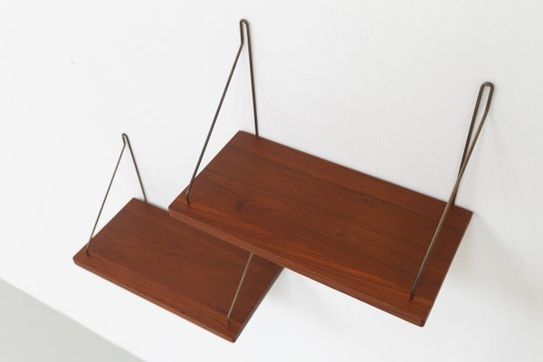 Vintage Danish Teak and Brass Floating Shelves, 1960s, Set of 2-WIX-2036866