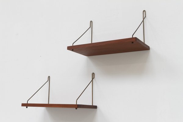 Vintage Danish Teak and Brass Floating Shelves, 1960s, Set of 2-WIX-2036866