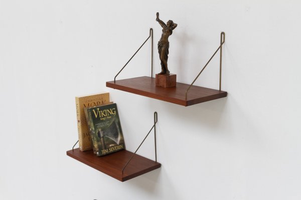 Vintage Danish Teak and Brass Floating Shelves, 1960s, Set of 2-WIX-2036866