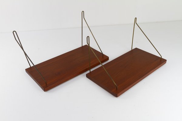 Vintage Danish Teak and Brass Floating Shelves, 1960s, Set of 2-WIX-2036866