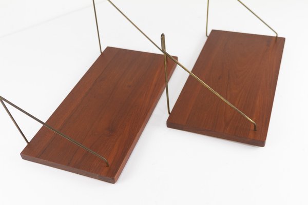 Vintage Danish Teak and Brass Floating Shelves, 1960s, Set of 2-WIX-2036866