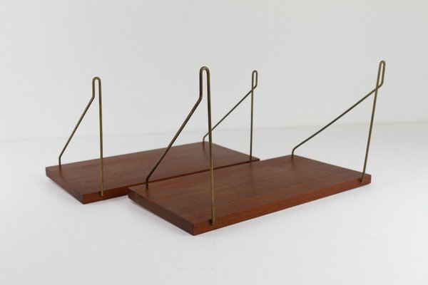 Vintage Danish Teak and Brass Floating Shelves, 1960s, Set of 2-WIX-2036866