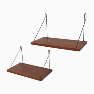 Vintage Danish Teak and Brass Floating Shelves, 1960s, Set of 2-WIX-2036866