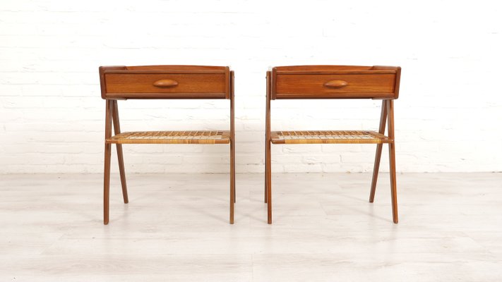 Vintage Danish Teak & Rattan Bedside Tables, Set of 2-HPM-2031520