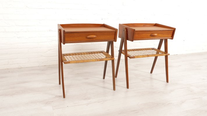 Vintage Danish Teak & Rattan Bedside Tables, Set of 2-HPM-2031520