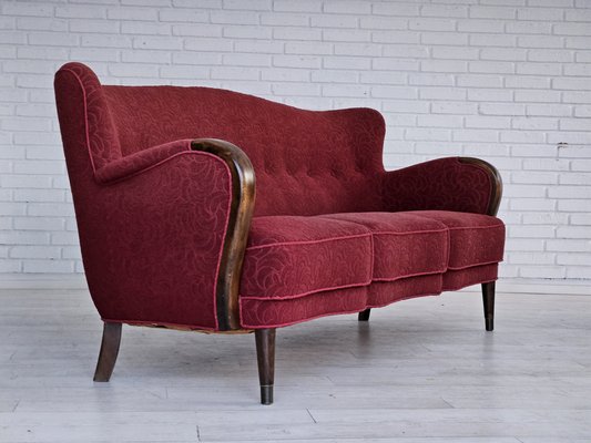 Vintage Danish Three-Seater Sofa in Red Cotton and Beech Wood, 1960s-TMW-1798949