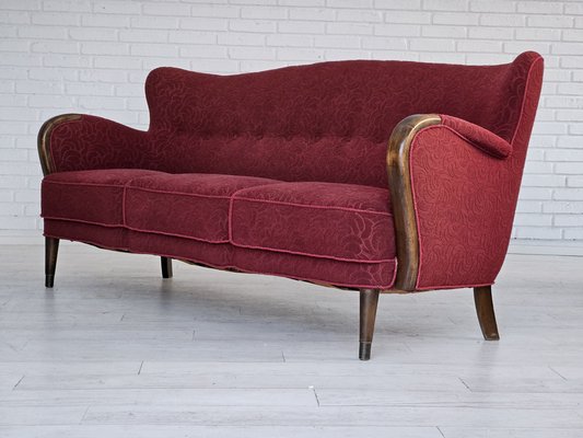 Vintage Danish Three-Seater Sofa in Red Cotton and Beech Wood, 1960s-TMW-1798949