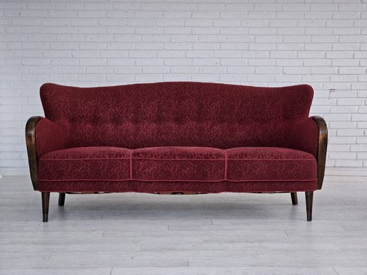 Vintage Danish Three-Seater Sofa in Red Cotton and Beech Wood, 1960s-TMW-1798949