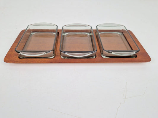 Vintage Danish Tray in Teak with Glass Bowls from Digsmed, 1960s, Set of 4