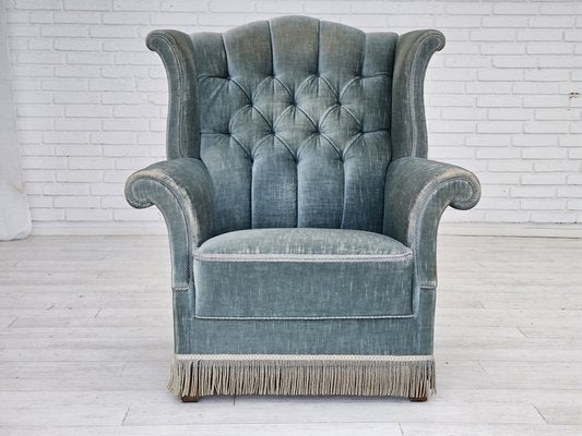 Vintage Danish Wingback Armchair in Light Blue Velour, 1950s-TMW-1768645