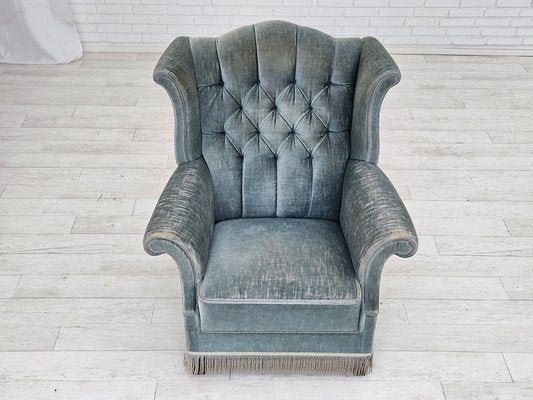 Vintage Danish Wingback Armchair in Light Blue Velour, 1950s-TMW-1768645