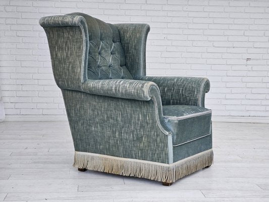 Vintage Danish Wingback Armchair in Light Blue Velour, 1950s-TMW-1768645