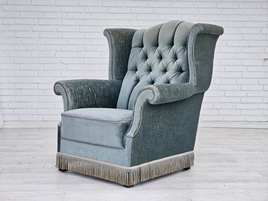 Vintage Danish Wingback Armchair in Light Blue Velour, 1950s-TMW-1768645