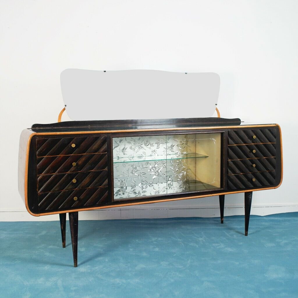 Vintage Dark Wood and Glass Mobile Sideboard, 1950s