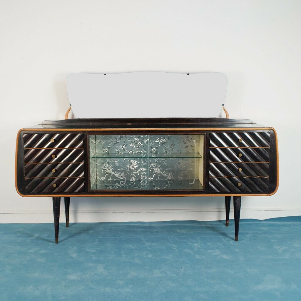 Vintage Dark Wood and Glass Mobile Sideboard, 1950s