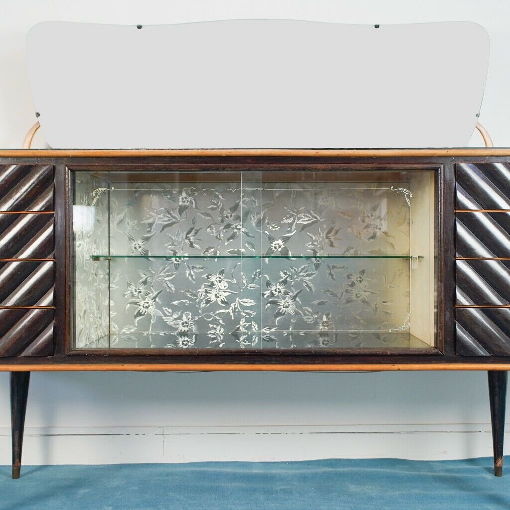 Vintage Dark Wood and Glass Mobile Sideboard, 1950s