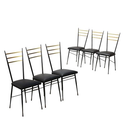 Vintage Dining Chairs in Metal, Brass & Leatherette, Italy, 1950s, Set of 6-VMM-2042326