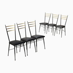 Vintage Dining Chairs in Metal, Brass & Leatherette, Italy, 1950s, Set of 6-VMM-2042326