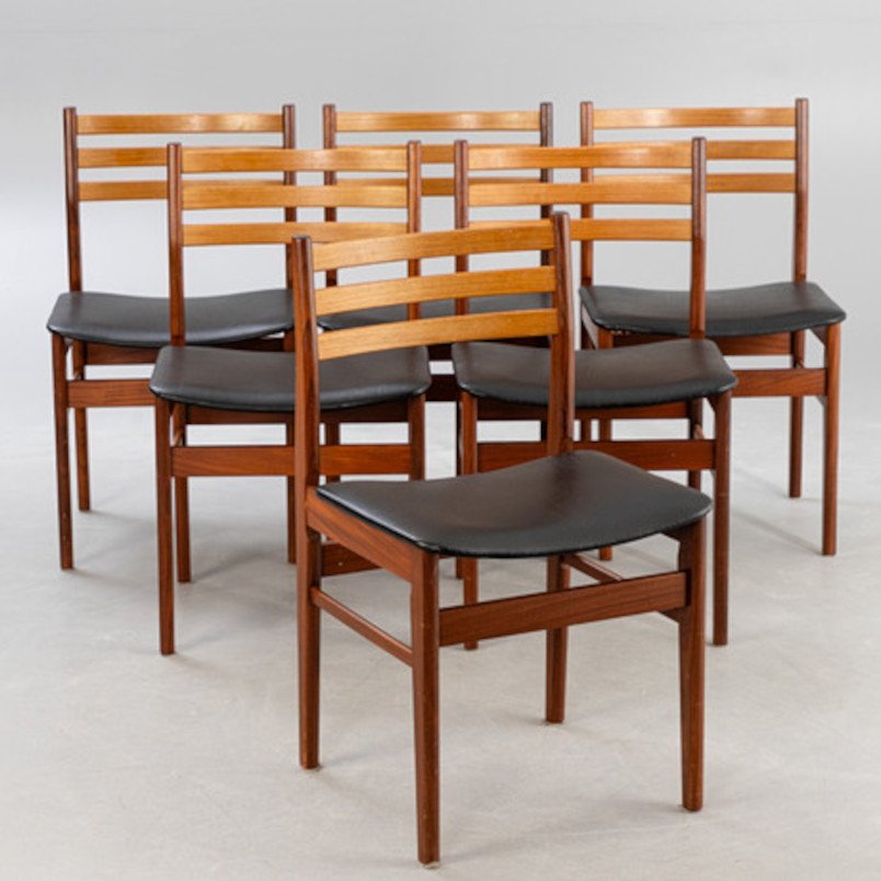 Vintage Dining Chairs in Teak and Vinyl, Set of 6