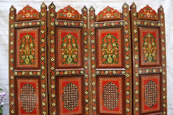 Vintage Double-Sided Hand Painted Room Divider in Teak, 1980s-UZN-1453133