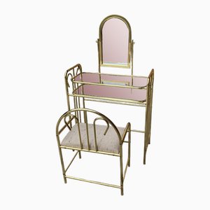 Vintage Dressing Table and Stool in Brass, 1950s, Set of 2-OXJ-1748687