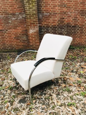 Vintage Dutch Industrial White Lounge Chair with Chromed Tubular Steel Frame, 1950s-WQJ-844696