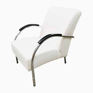 Vintage Dutch Industrial White Lounge Chair with Chromed Tubular Steel Frame, 1950s-WQJ-844696